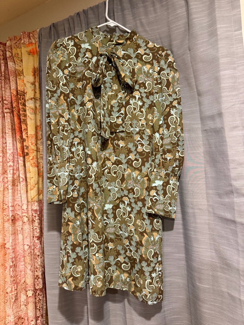 Chloe Long Sleeve Paisley Dress in Brown and Light Blue